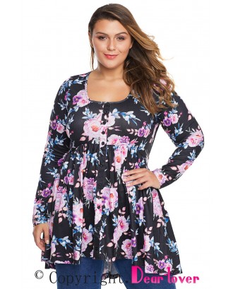 Floral Print Pleated Plus Size Tunic