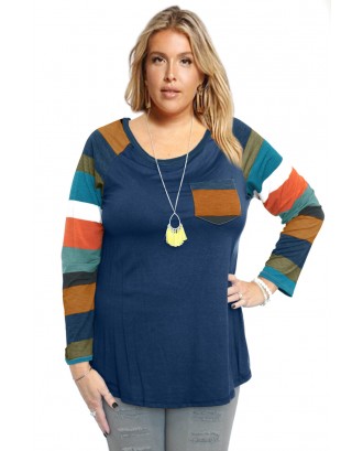 Autumn Chill Top With Front Pocket & Striped Contrast Sleeves In Blue