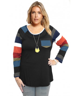 Autumn Chill Top With Front Pocket & Striped Contrast Sleeves In Black