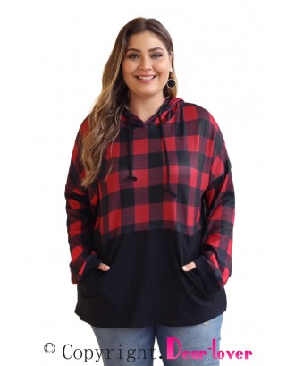 Red Plaid Patchwork Plus Size Hoodie