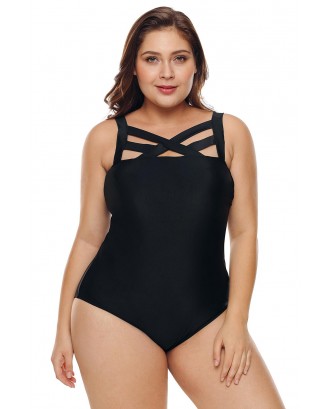 Solid Black Hollow-out Neck Plus Size Maillot Swimwear