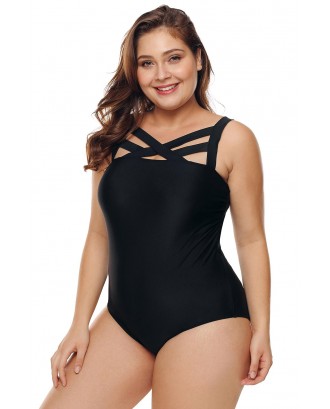 Solid Black Hollow-out Neck Plus Size Maillot Swimwear