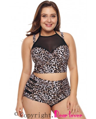 Leopard Print Plus Size Halter Push up Lattice Mesh Swim Bikini