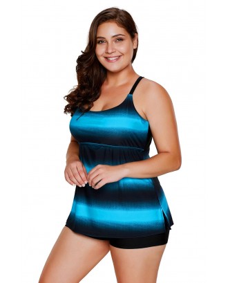 Bluish Strappy Hollow-out Back Plus Size Tankini