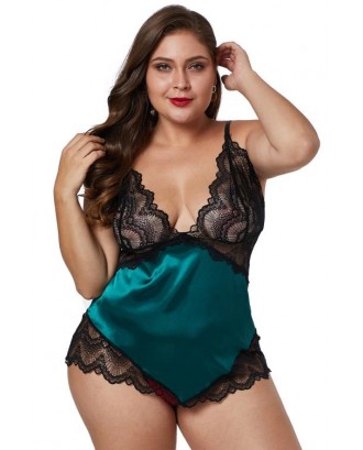 Green Lace Cups Silky Satin Plus Size Chemise