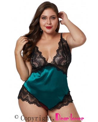 Green Lace Cups Silky Satin Plus Size Chemise