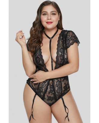 Black Plus Size Short Sleeve Floral Lace Teddy with Garter