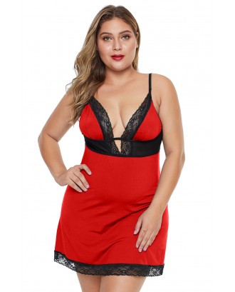 Red Plus Size Lace Neckline Lingerie Dress with Thong
