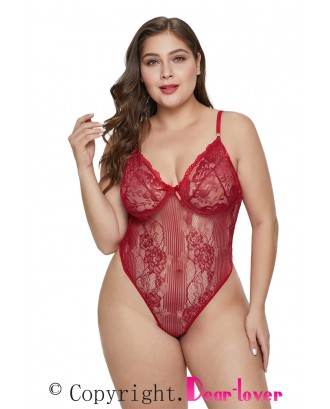 Red Sweet Floral Plus Size Teddy Lingerie