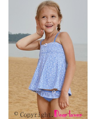 Blue Printed Kid Girls Tankini Swimwear