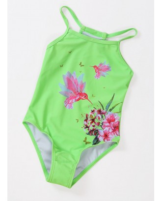 Neon Green Floral and Birds Little Girls One-piece Swimwear