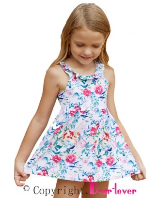 Floral Pattern Ruffle Neckline Toddler Girls Swim Dress