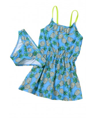 Blue Pineapple Print Little Girls Swimdress with Panty