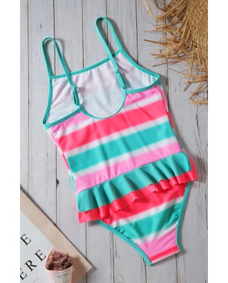 Neon Multicolor Striped Ruffle Trim Girls’ Teddy Swimsuit