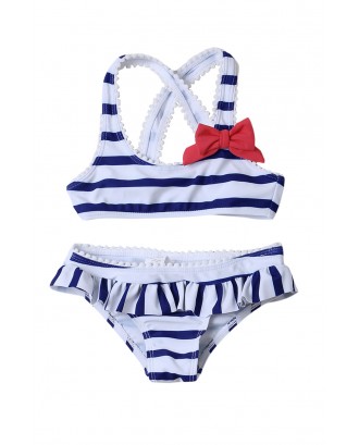 Navy Blue Striped Cross Back Bikini for Little Girls