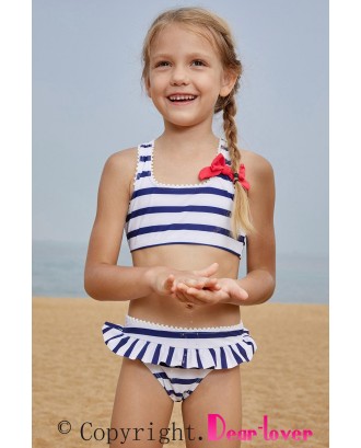Navy Blue Striped Cross Back Bikini for Little Girls