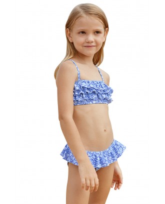 Blue White Paisley Print Little Girl Bikini with Ruffle