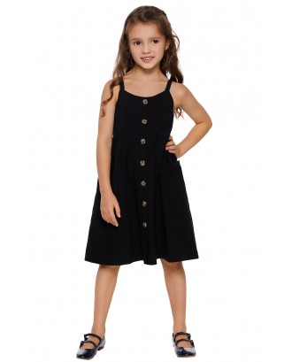 Black Little Girls Spaghetti Strap Button Dress with Pockets