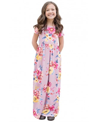 Purple Short Sleeve Floral Print Loose Casual Maxi Dress with Pockets