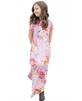 Purple Short Sleeve Floral Print Loose Casual Maxi Dress with Pockets