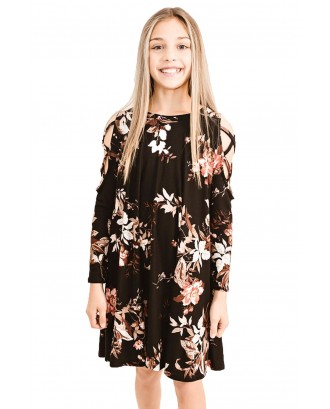 Black Floral Crisscross Shoulder Kids Dress