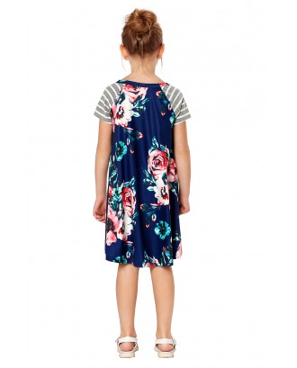 Blue Stripes Short Sleeve Floral Little Girl Dress