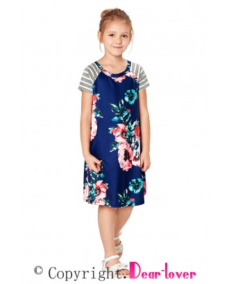 Blue Stripes Short Sleeve Floral Little Girl Dress