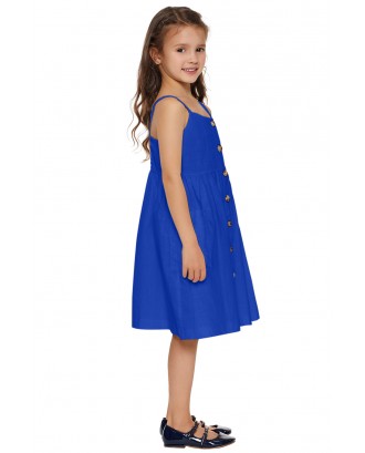 Blue Little Girls Spaghetti Strap Button Dress with Pockets