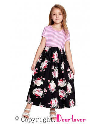 Black Striped Floral Print Little Girls Maxi Dress