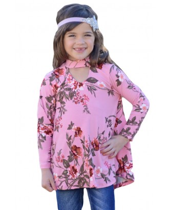 Pink Floral Key Hole Front Girl's Long Sleeve Top
