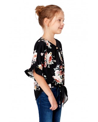 Black Floral Print Button Up Toddler Tunic