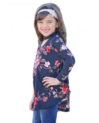 Navy Floral Key Hole Front Girl's Long Sleeve Top