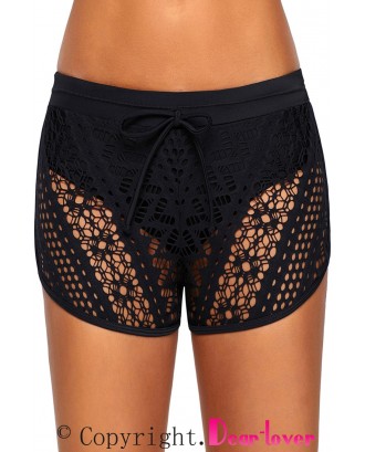 Black Hollow Out Lace Overlay Swim Short Bottom