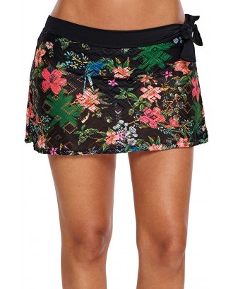 Black Floral Print Lacy Swim Skirt