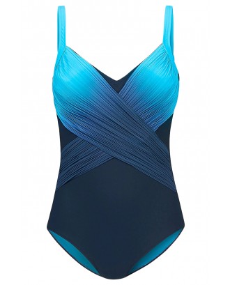 Blue Pleated Cross Wrap Front Maillot