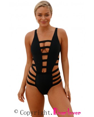 Black Strappy Cutout One Piece Bathing Suit