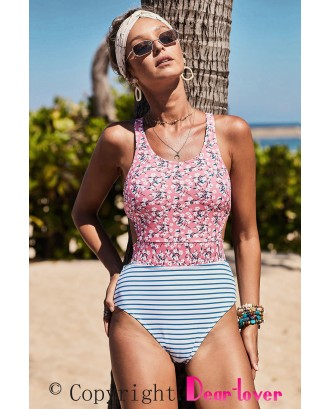 Pink Printed Zipped Racerback Maillot