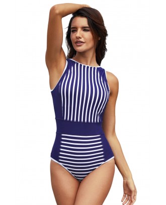 White Striped Blue Women Maillot Swimsuit