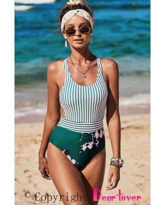 White Printed Zipped Racerback Maillot