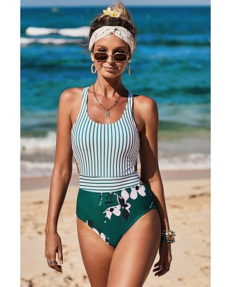 White Printed Zipped Racerback Maillot