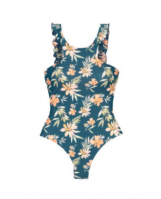 Blue One-piece Floral Printing Swimsuit