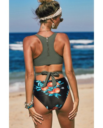 Green Printed Zipped Racerback Maillot