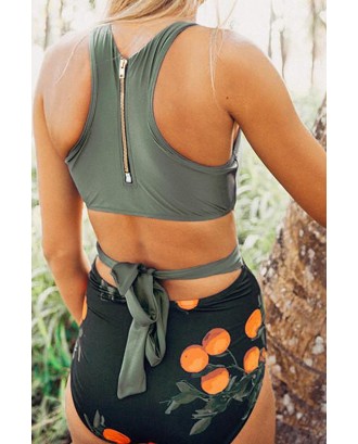 Green Printed Zipped Racerback Maillot