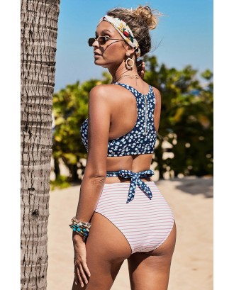 Blue Printed Zipped Racerback Maillot