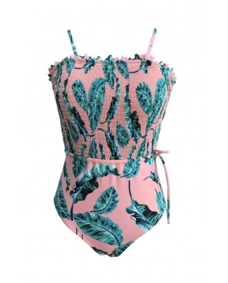 Pink Fashion Side Tie Flower Print One Piece Swimsuit