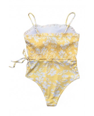 Yellow Fashion Side Tie Flower Print One Piece Swimsuit