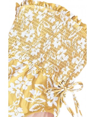 Yellow Fashion Side Tie Flower Print One Piece Swimsuit
