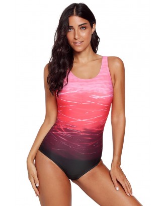 Red Gradient Criss Cross Back One Piece Swimsuit