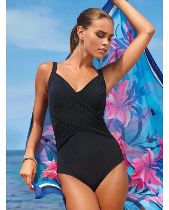 Black Pleated Cross Wrap Front Maillot