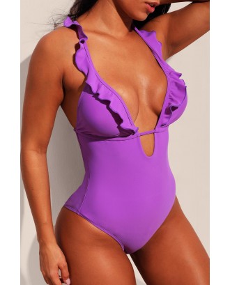 Purple Plunge V Neck Ruffled Detail Maillot Swimwear